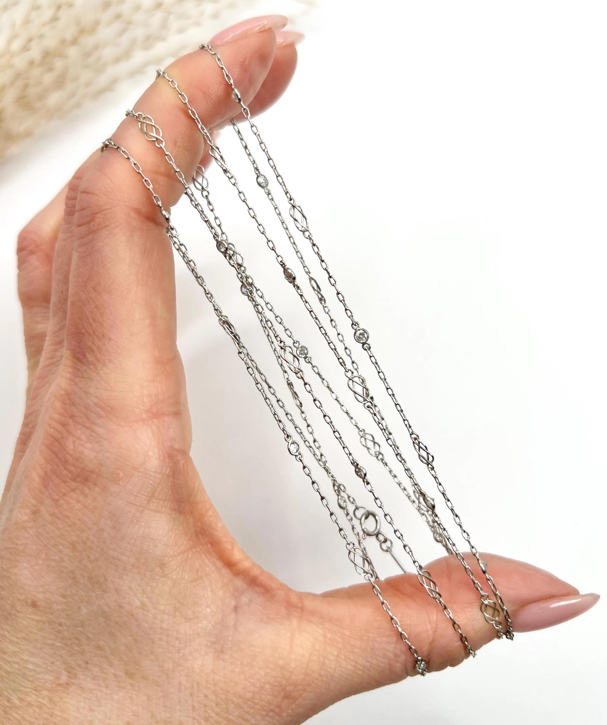 Vintage Platinum Spectacle Set Diamond Half Guard Trace & Lovers Knot Link Chain in vendita 3