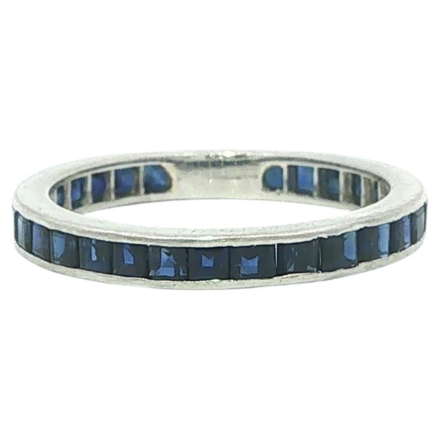 Vintage Platinum Square Step Cut Channel Set Sapphire Eternity Band Ring Sz 8.5