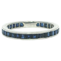 Vintage Platinum Square Step Cut Channel Set Sapphire Eternity Band Ring Sz 8.5