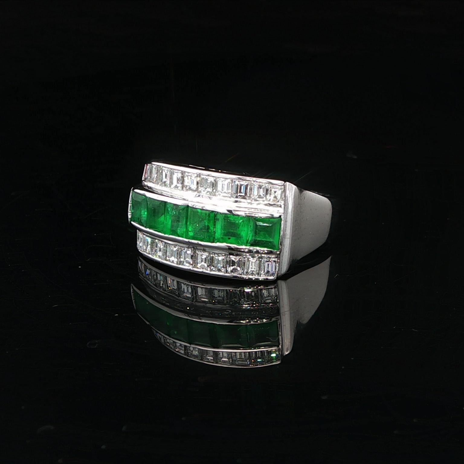 Vintage Platinum Square Step Cut Emerald & Diamond 3 Row Band Ring Size 5.5 For Sale 6