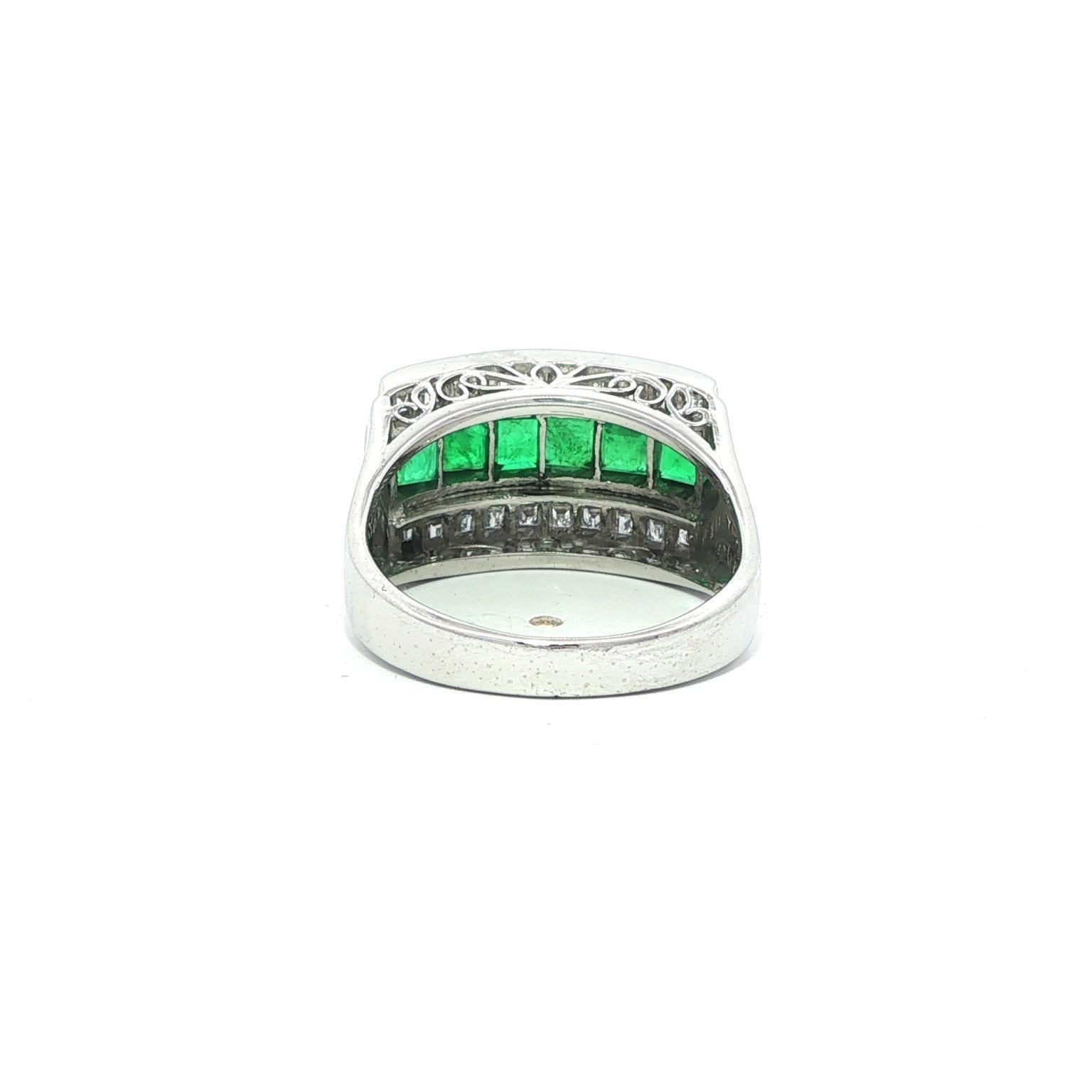 Vintage Platinum Square Step Cut Emerald & Diamond 3 Row Band Ring Size 5.5 For Sale 7