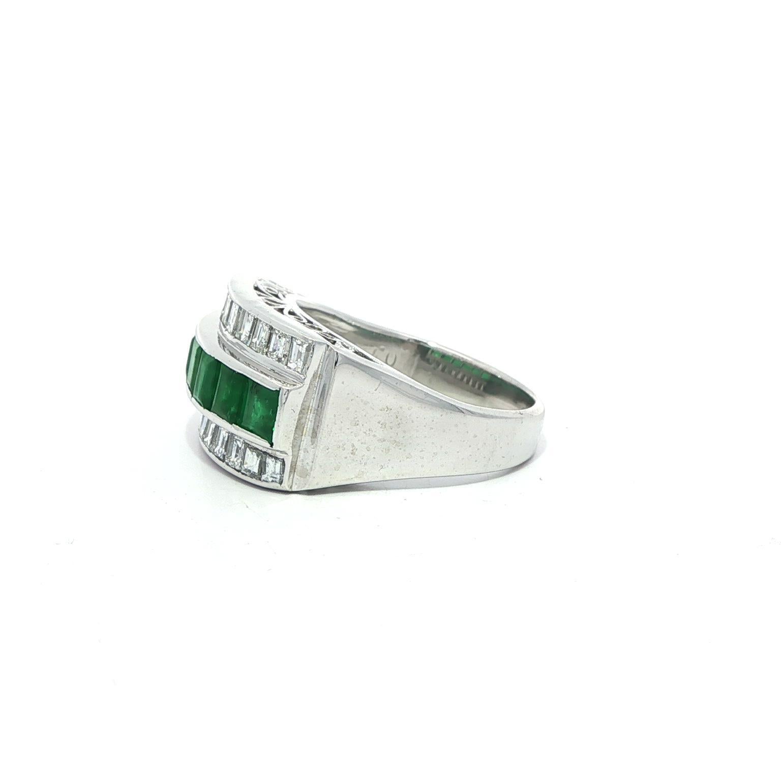 Vintage Platinum Square Step Cut Emerald & Diamond 3 Row Band Ring Size 5.5 For Sale 8