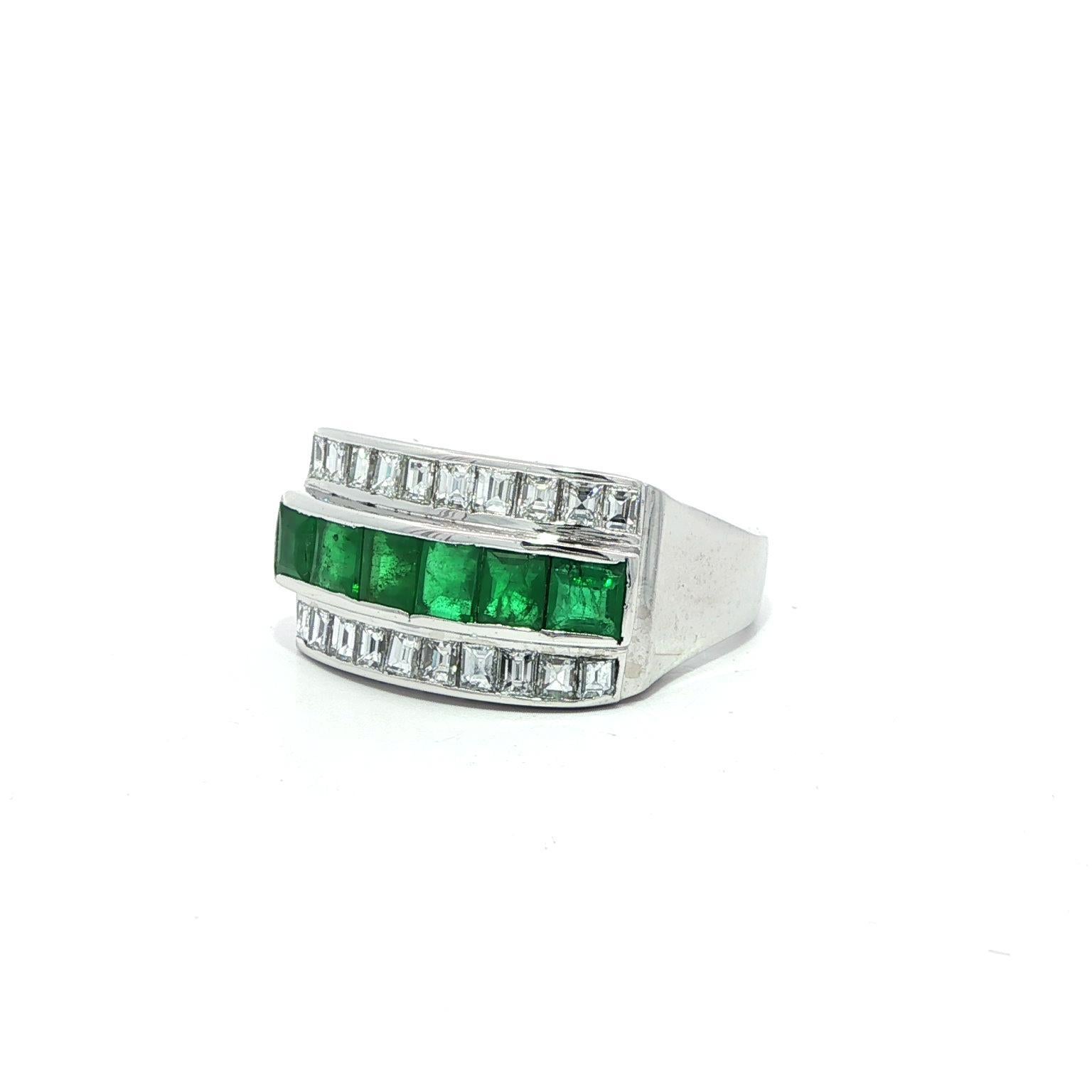 Vintage Platinum Square Step Cut Emerald & Diamond 3 Row Band Ring Size 5.5 For Sale 9