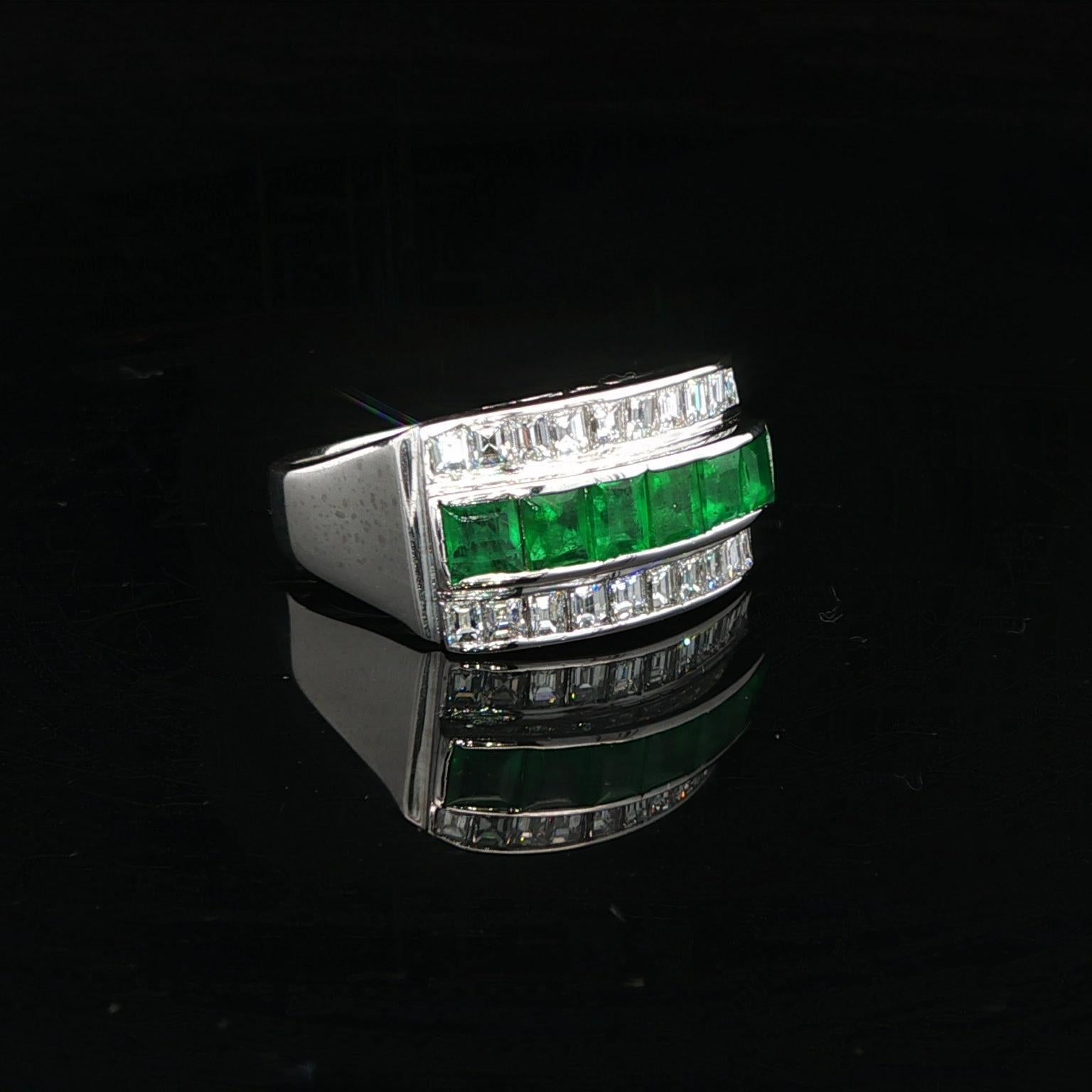 Vintage Platinum Square Step Cut Emerald & Diamond 3 Row Band Ring Size 5.5 For Sale 10