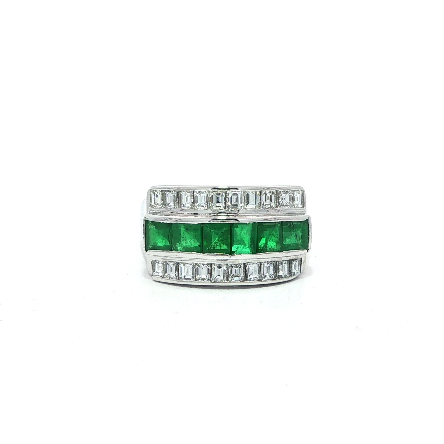 Vintage Platinum Square Step Cut Emerald & Diamond 3 Row Band Ring Size 5.5 For Sale 11
