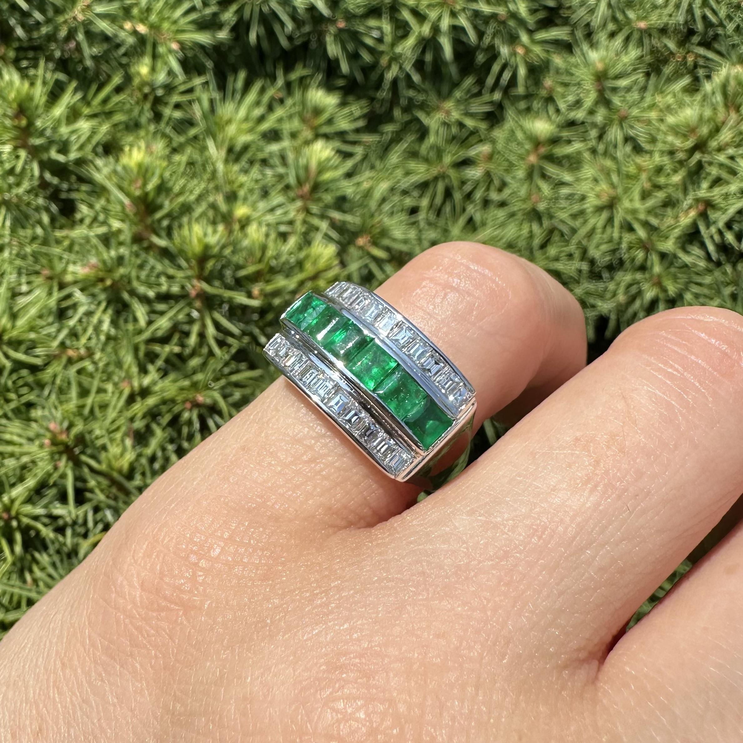 Vintage Platinum Square Step Cut Emerald & Diamond 3 Row Band Ring Size 5.5 For Sale 1