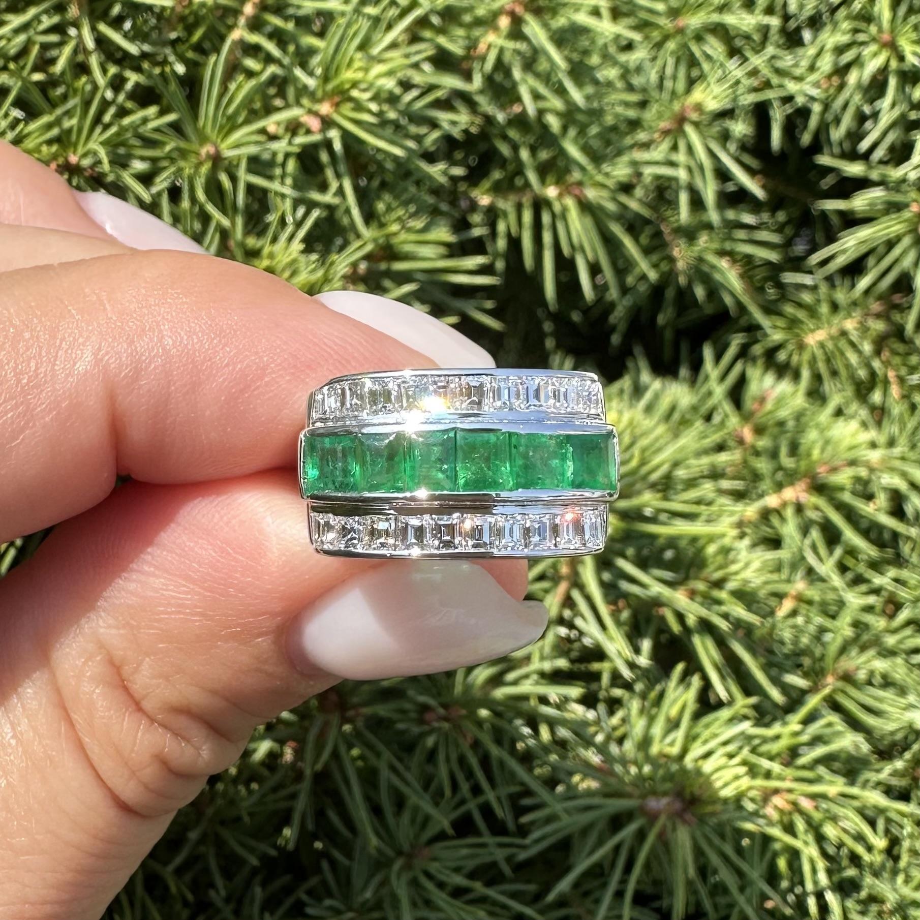 Vintage Platinum Square Step Cut Emerald & Diamond 3 Row Band Ring Size 5.5 For Sale 2