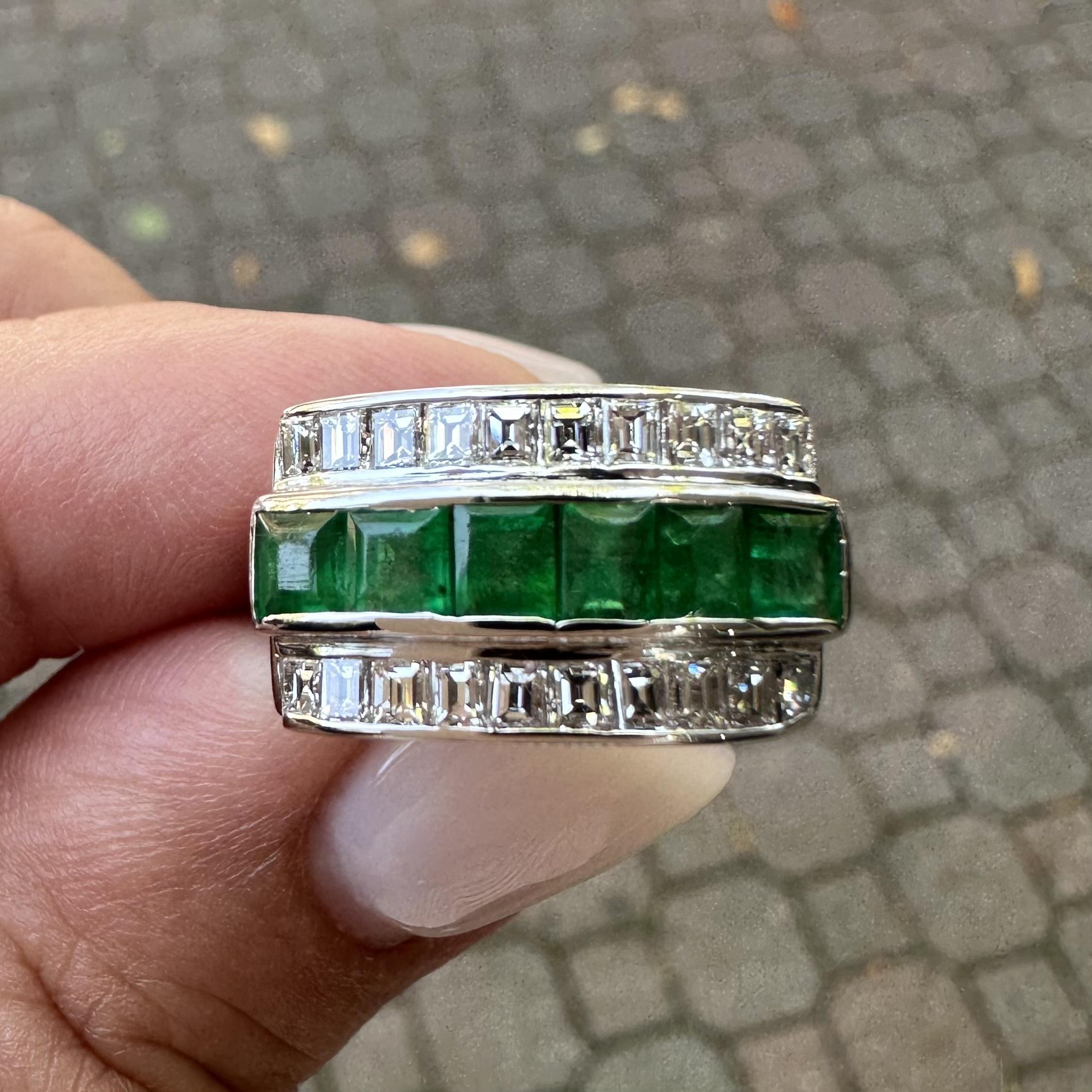 Vintage Platinum Square Step Cut Emerald & Diamond 3 Row Band Ring Size 5.5 For Sale 3