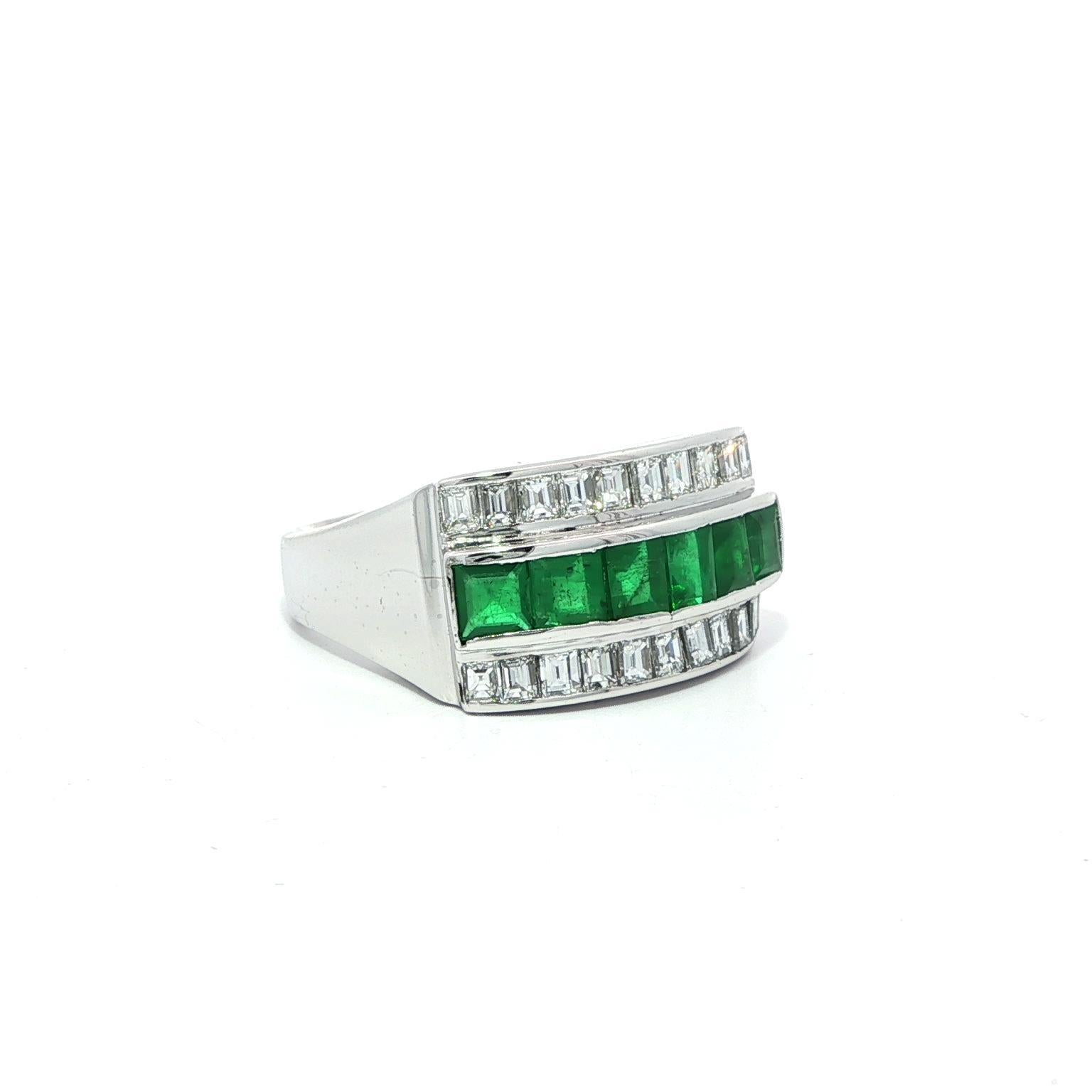 Vintage Platinum Square Step Cut Emerald & Diamond 3 Row Band Ring Size 5.5 For Sale 4