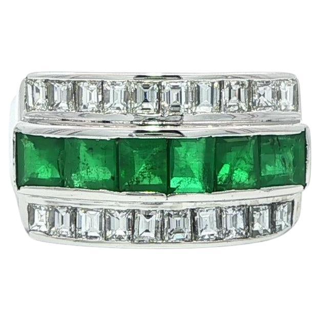Vintage Platinum Square Step Cut Emerald & Diamond 3 Row Band Ring Size 5.5 For Sale