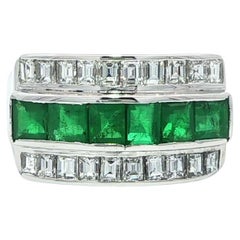Vintage Platinum Square Step Cut Emerald & Diamond 3 Row Band Ring Size 5.5
