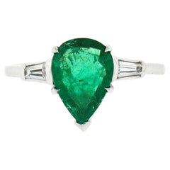Vintage Platinum SSEF Pear Emerald & Baguette Diamond 3 Stone Engagement Ring