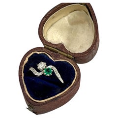 Vintage Platinum Stamped, 1920s Emerald and Diamond Toi Et Moi Ring