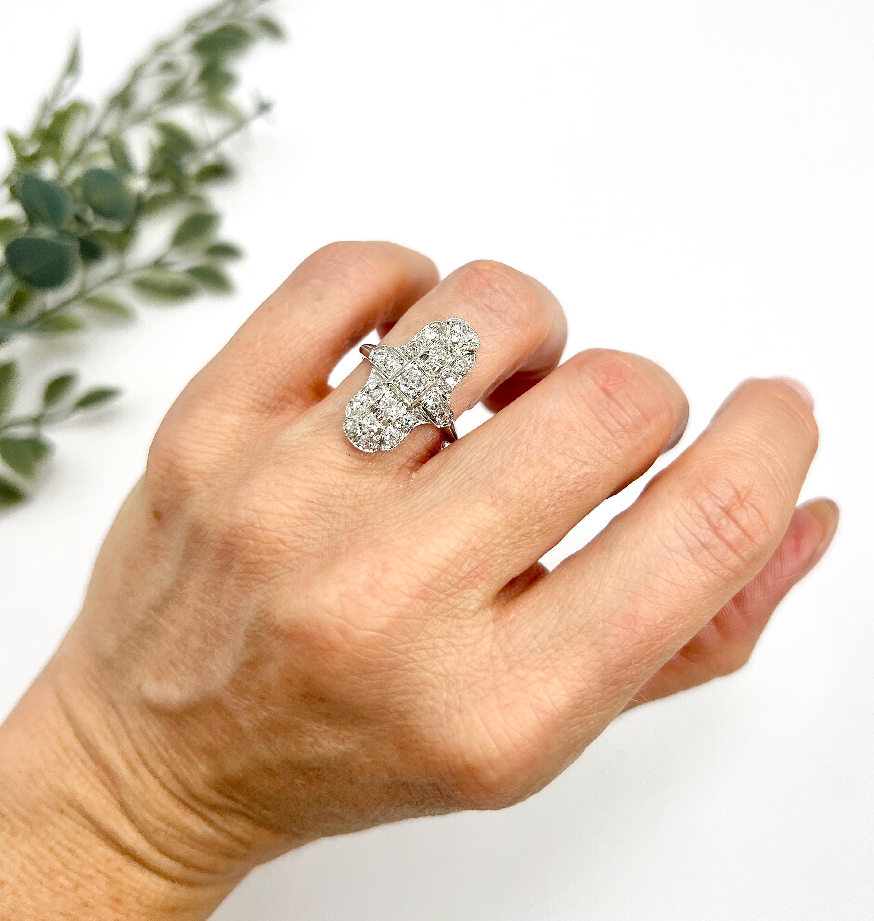 Old European Cut Vintage Platinum Stamped, 1940s Diamond Upfinger Shield Cross Ring For Sale