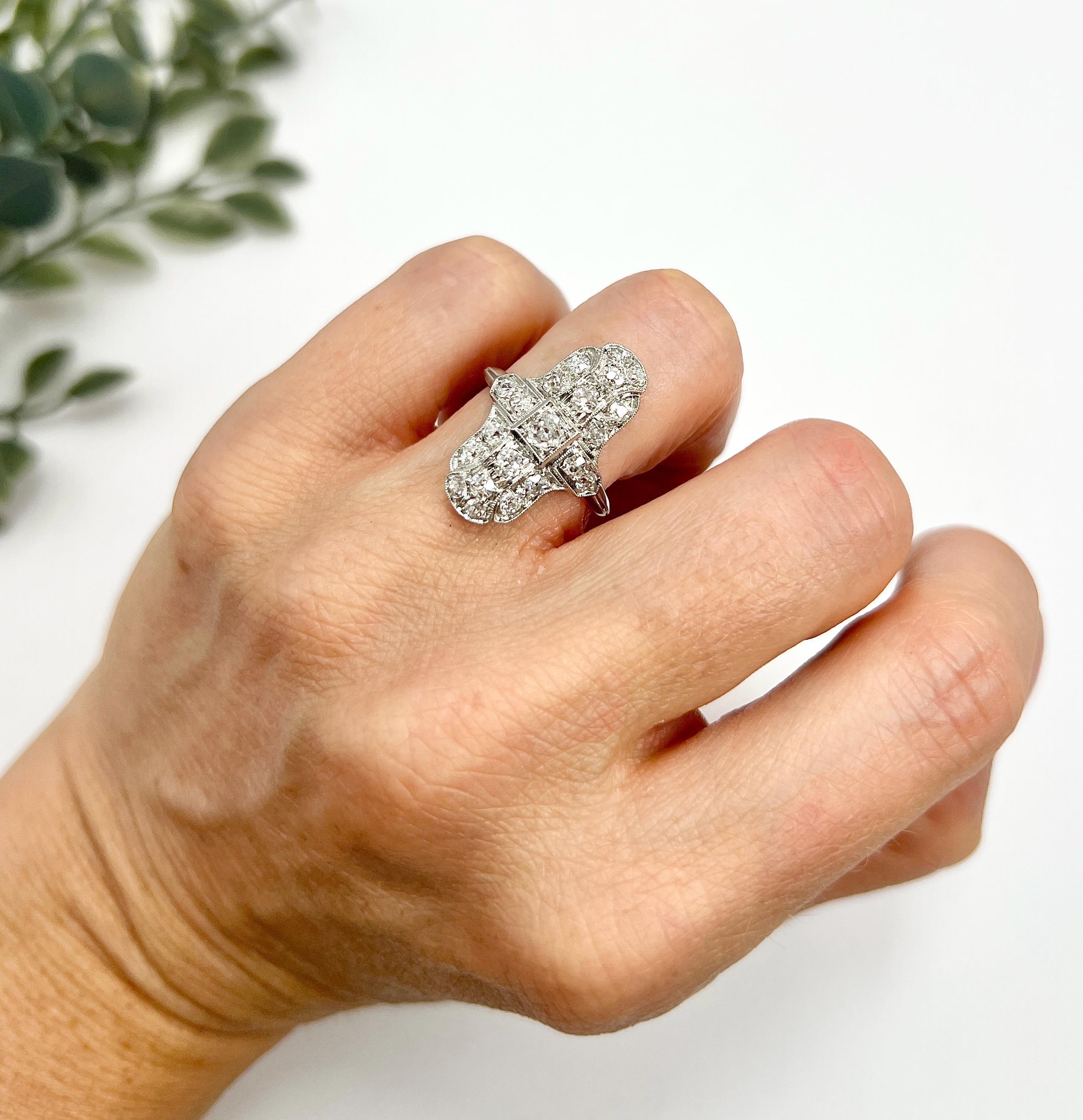 Vintage Platinum Stamped, 1940s Diamond Upfinger Shield Cross Ring In Good Condition For Sale In Brighton, GB
