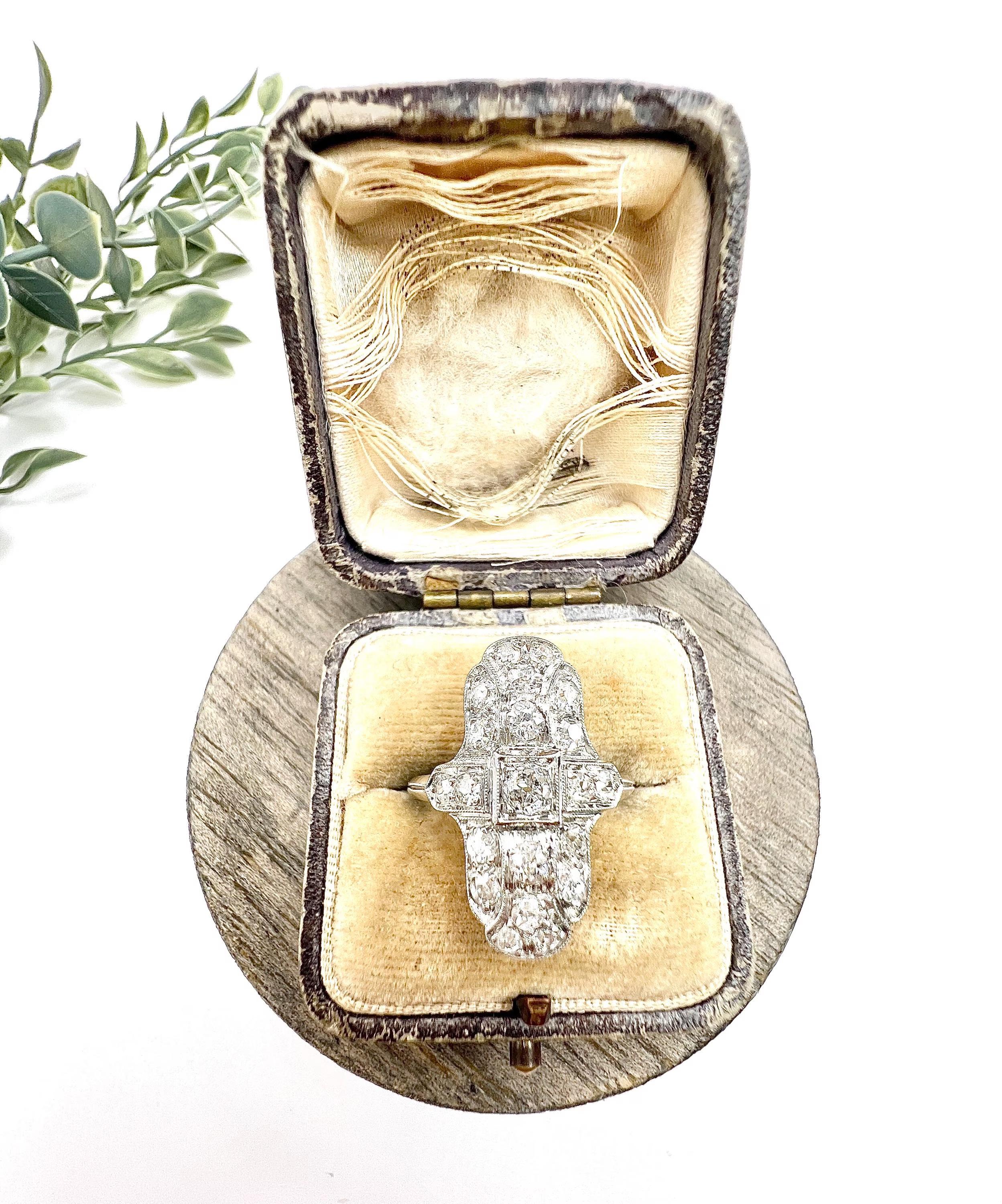 Women's or Men's Vintage Platinum Stamped, 1940s Diamond Upfinger Shield Cross Ring For Sale