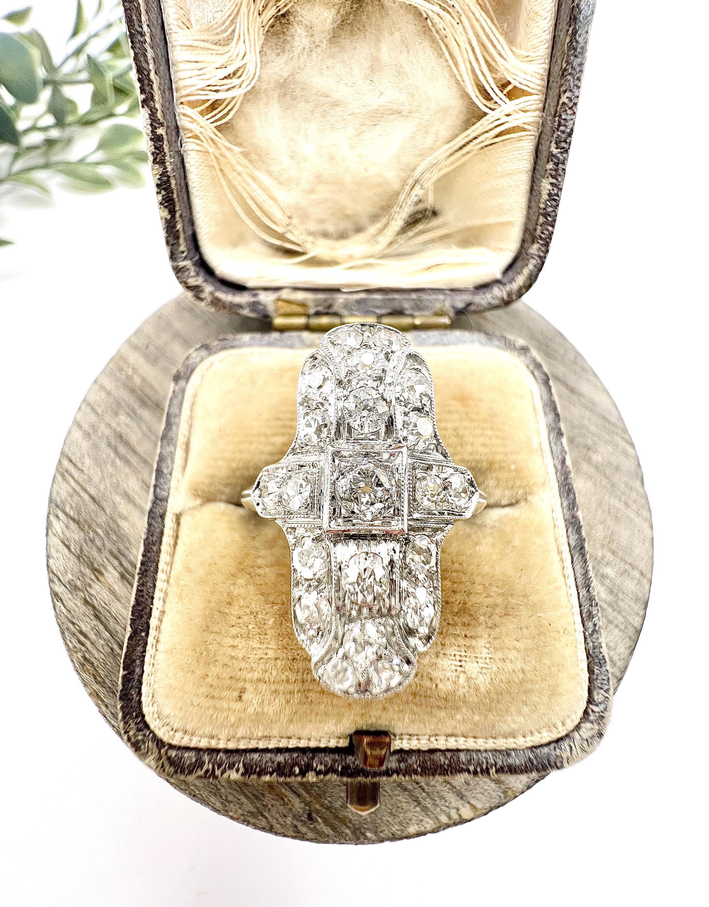 Vintage Platinum Stamped, 1940s Diamond Upfinger Shield Cross Ring For Sale 1