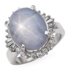 Vintage Platinum Star Sapphire and Diamond Halo Ring