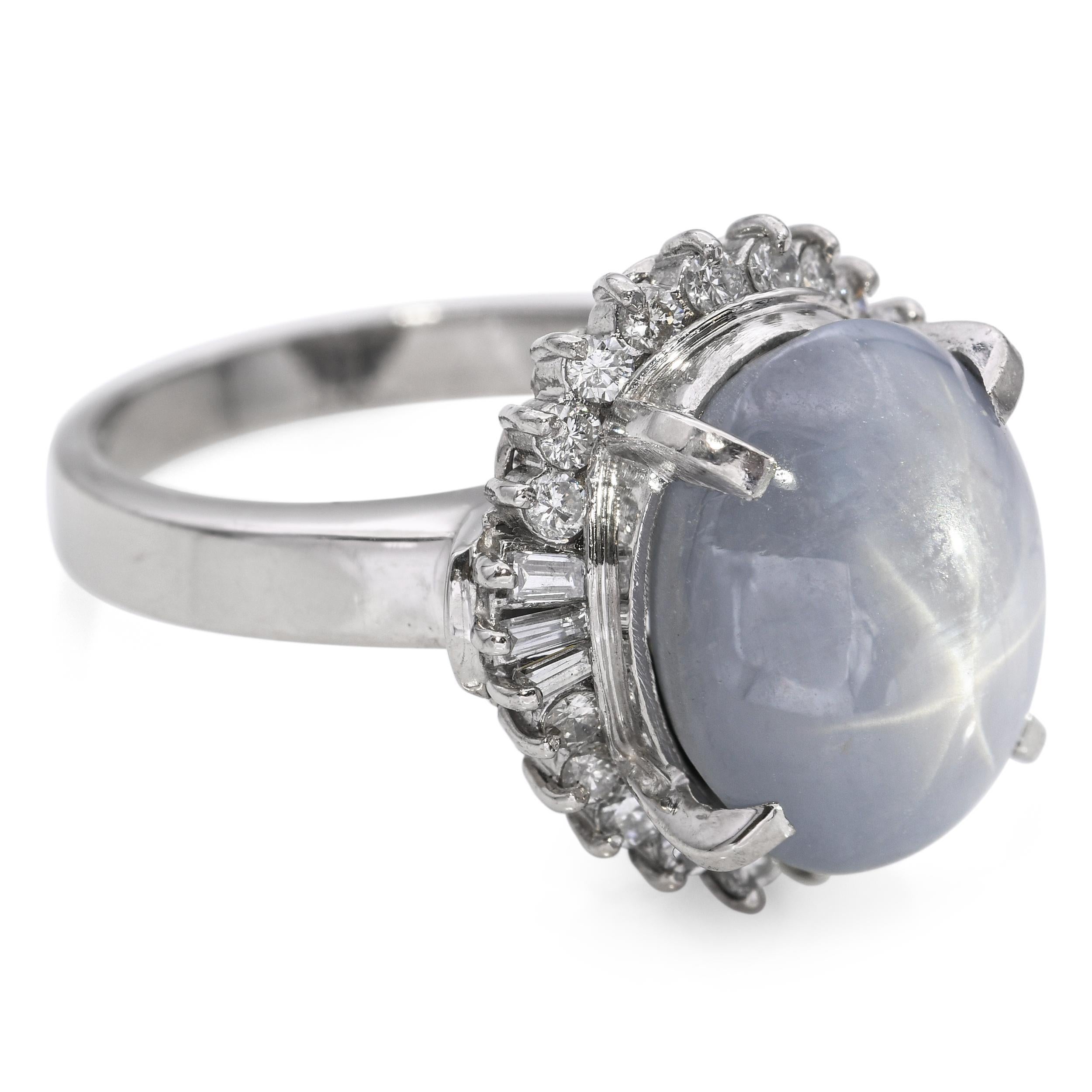 Vintage Platinum Star Sapphire and Diamond Halo Ring For Sale 1
