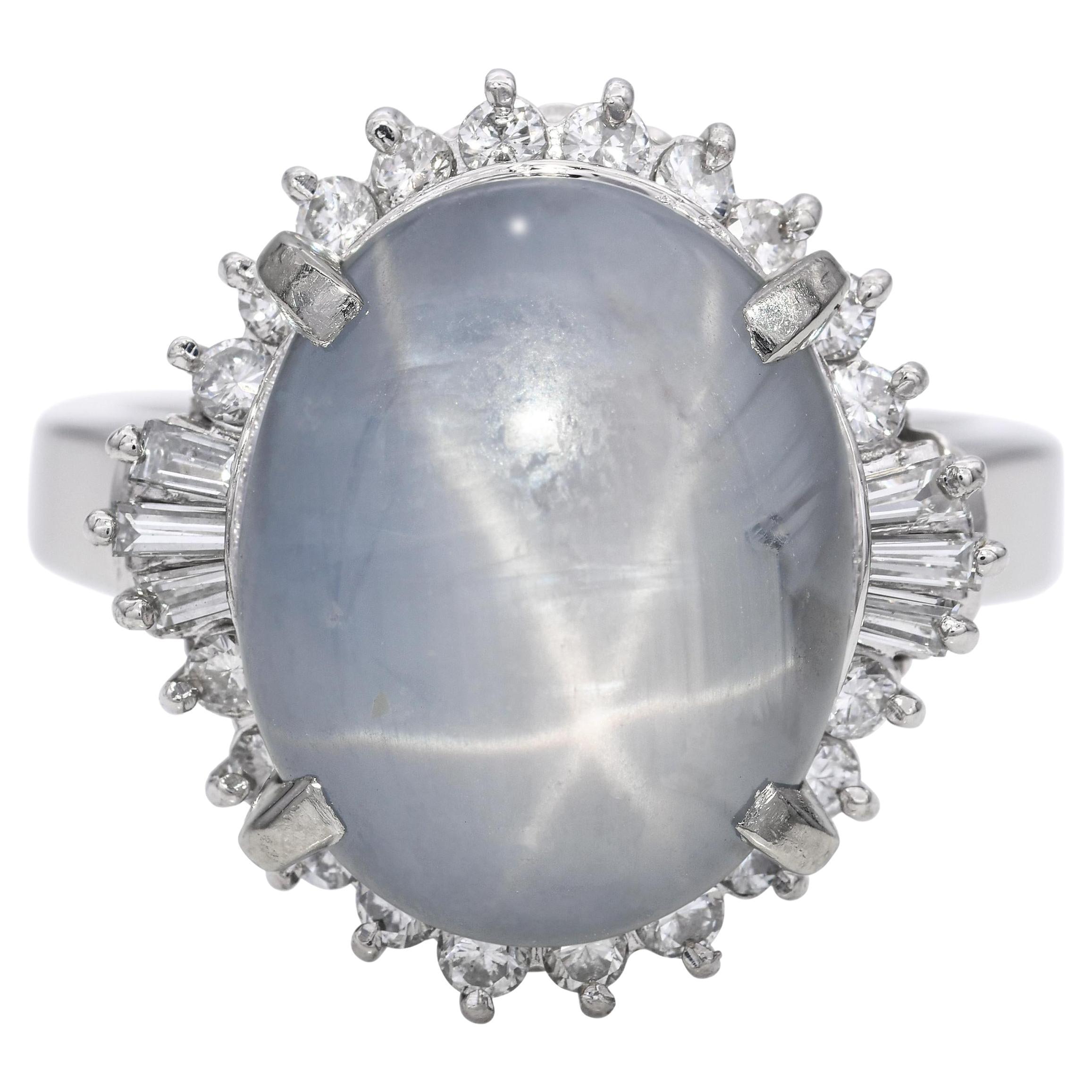 Vintage Platinum Star Sapphire and Diamond Halo Ring