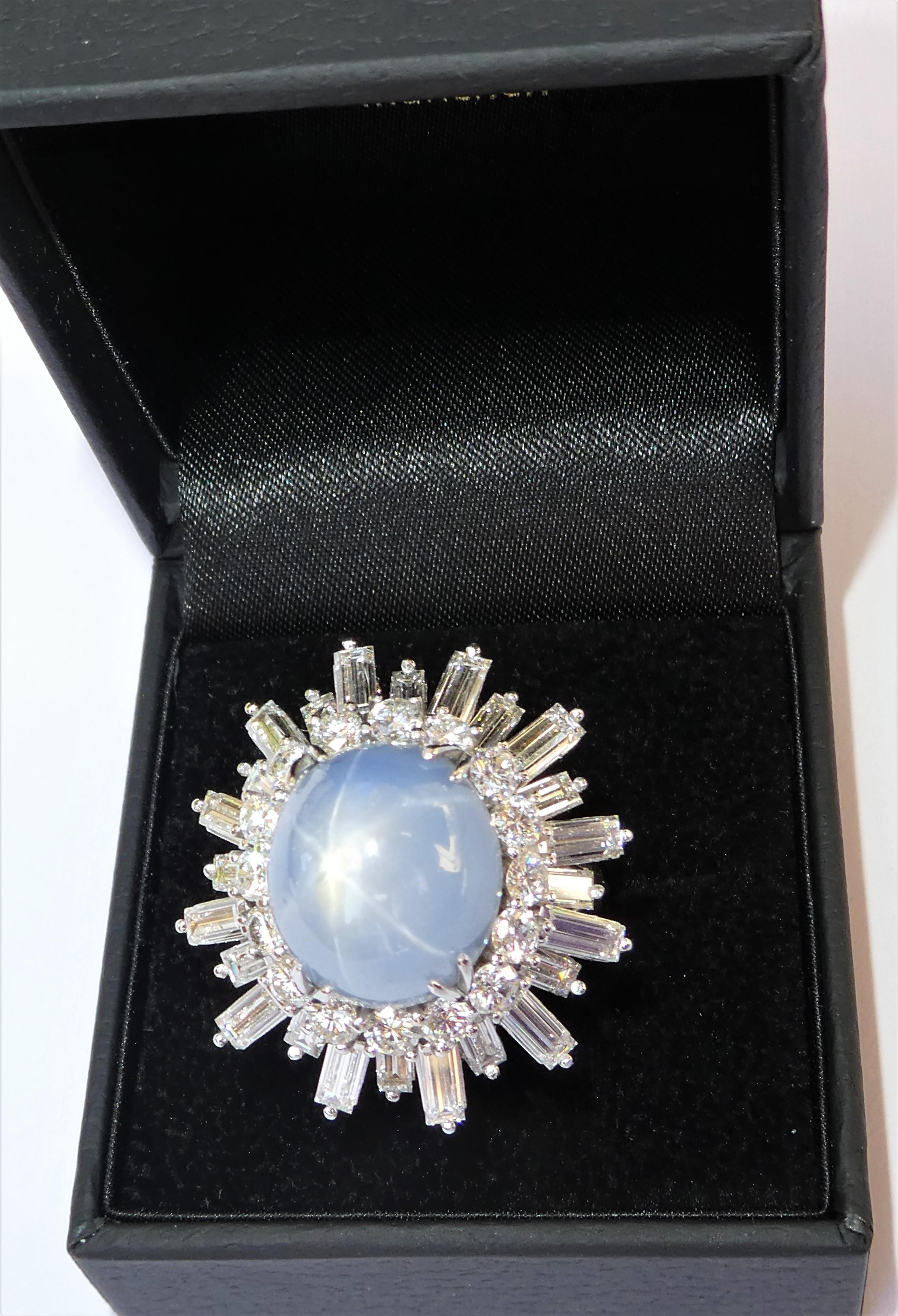 Vintage Platinum Star Sapphire Baguette and Brilliant Cut Diamond Ballerina Ring For Sale 7