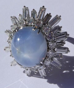 Vintage Platinum Star Sapphire Baguette and Brilliant Cut Diamond Ballerina Ring