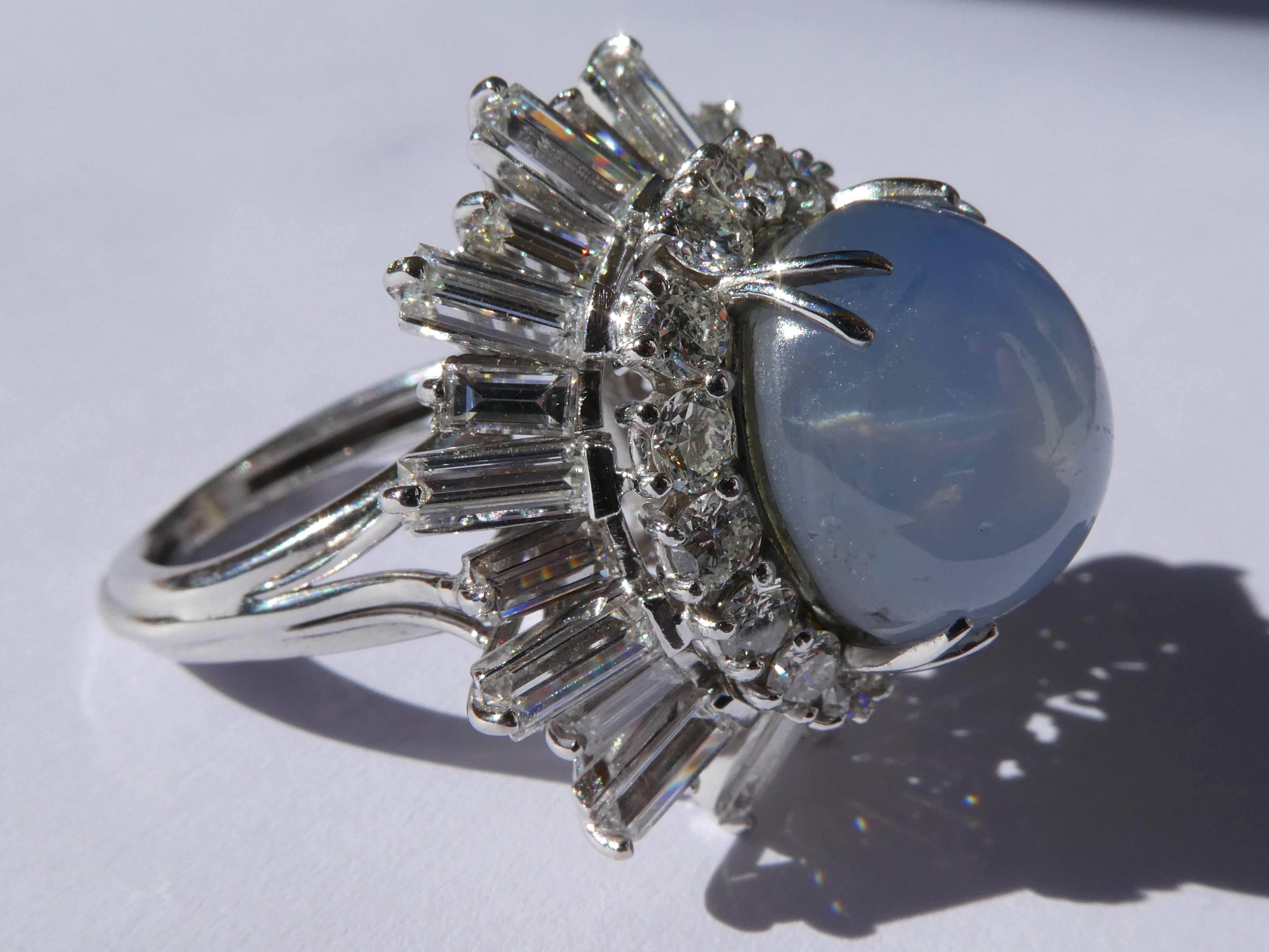 Retro Vintage Platinum Star Sapphire Baguette and Brilliant Cut Diamond Ballerina Ring For Sale