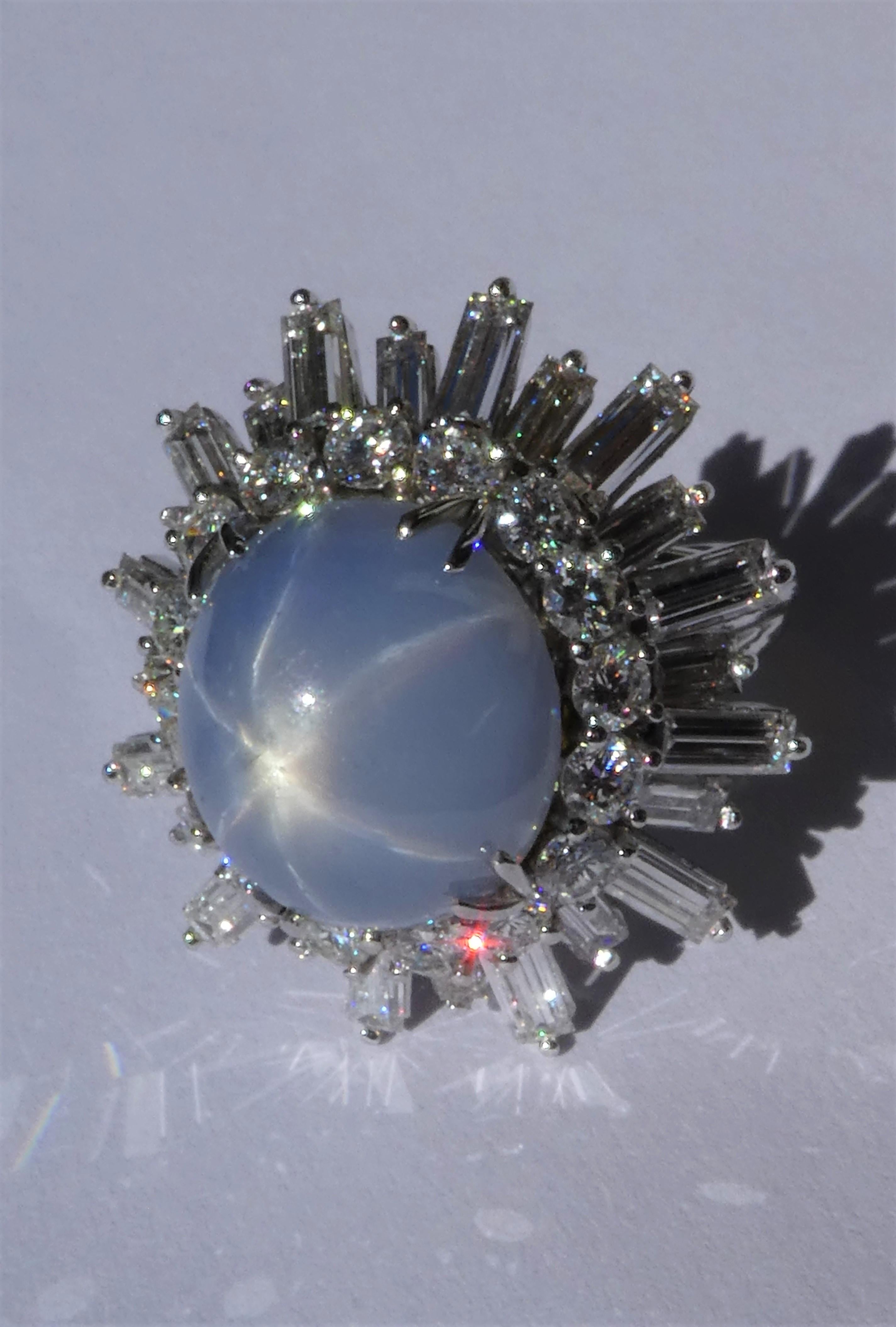 Women's Vintage Platinum Star Sapphire Baguette and Brilliant Cut Diamond Ballerina Ring For Sale
