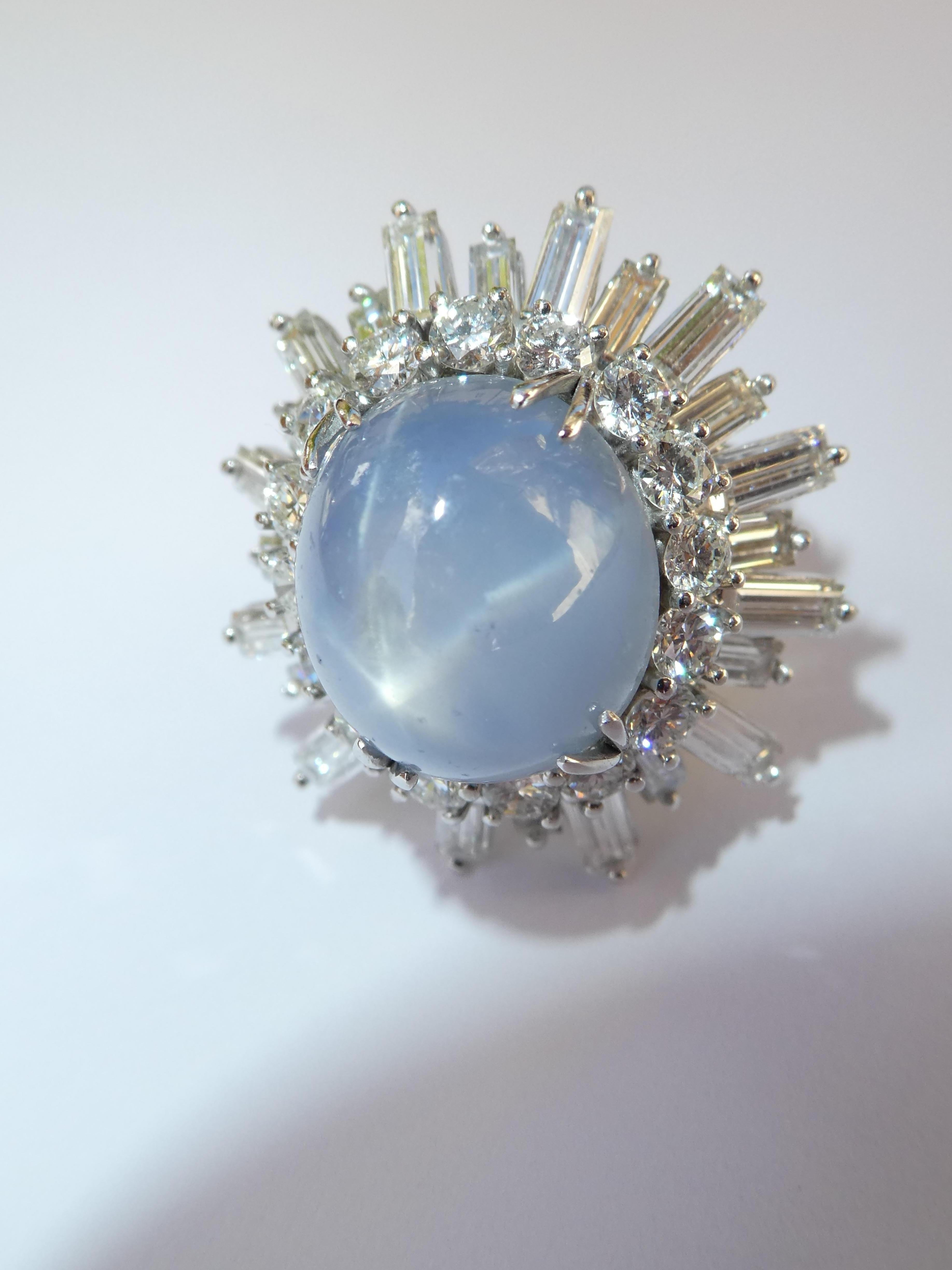 Vintage Platinum Star Sapphire Baguette and Brilliant Cut Diamond Ballerina Ring For Sale 1