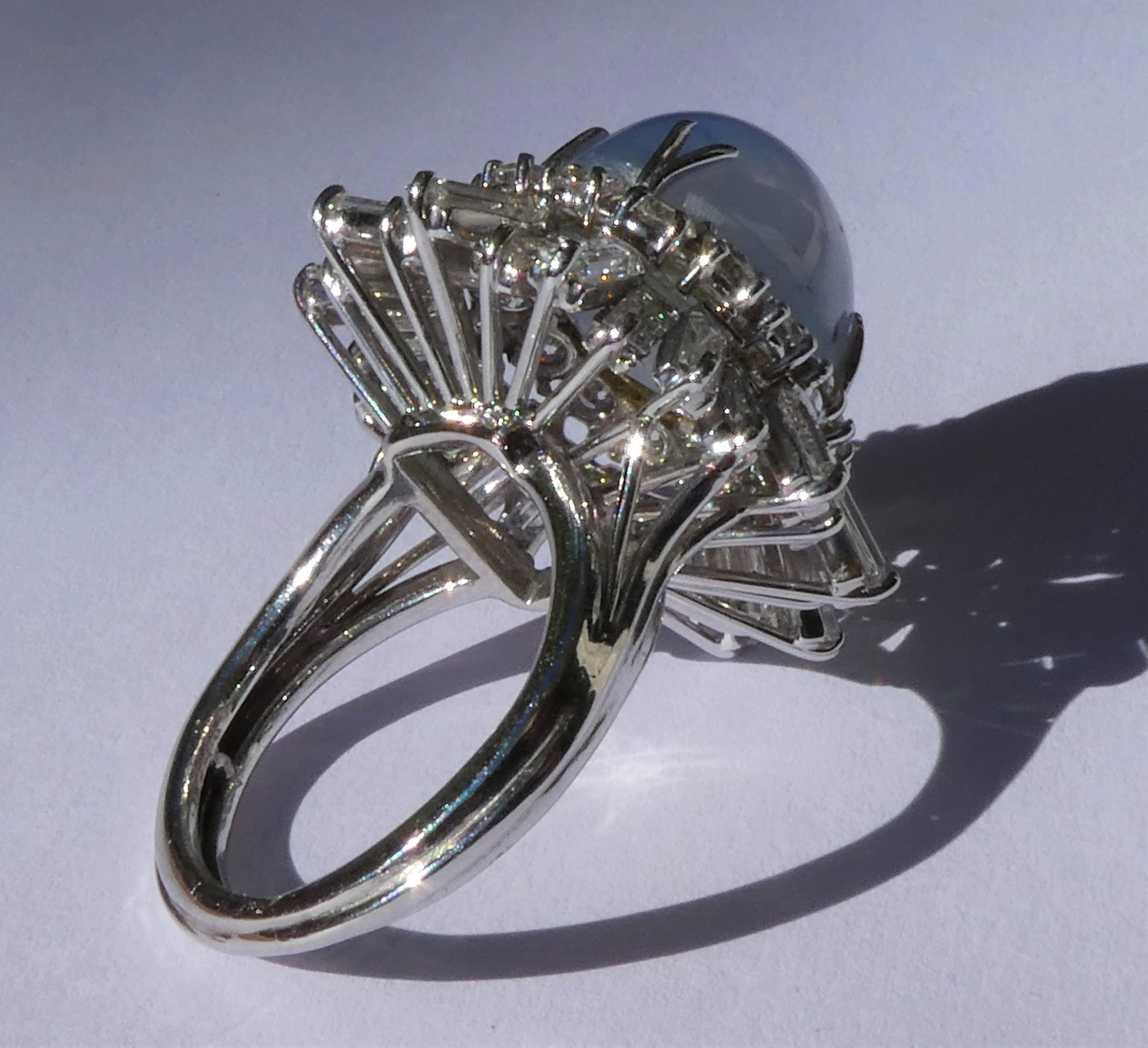 Vintage Platinum Star Sapphire Baguette and Brilliant Cut Diamond Ballerina Ring For Sale 2