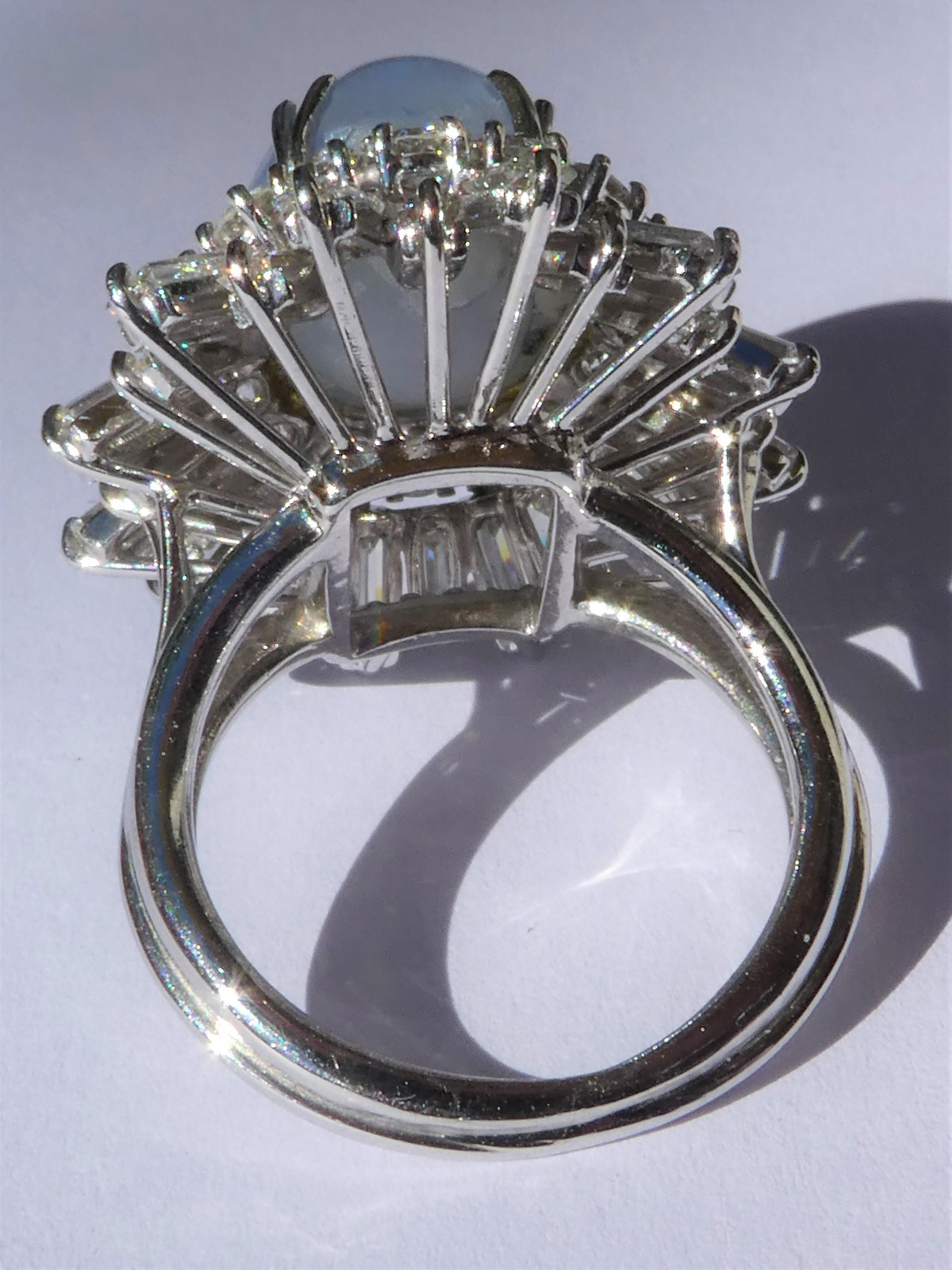 Vintage Platinum Star Sapphire Baguette and Brilliant Cut Diamond Ballerina Ring For Sale 3