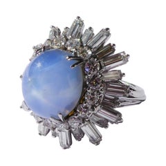 Vintage Platinum Star Sapphire Baguette and Brilliant Cut Diamond Ballerina Ring