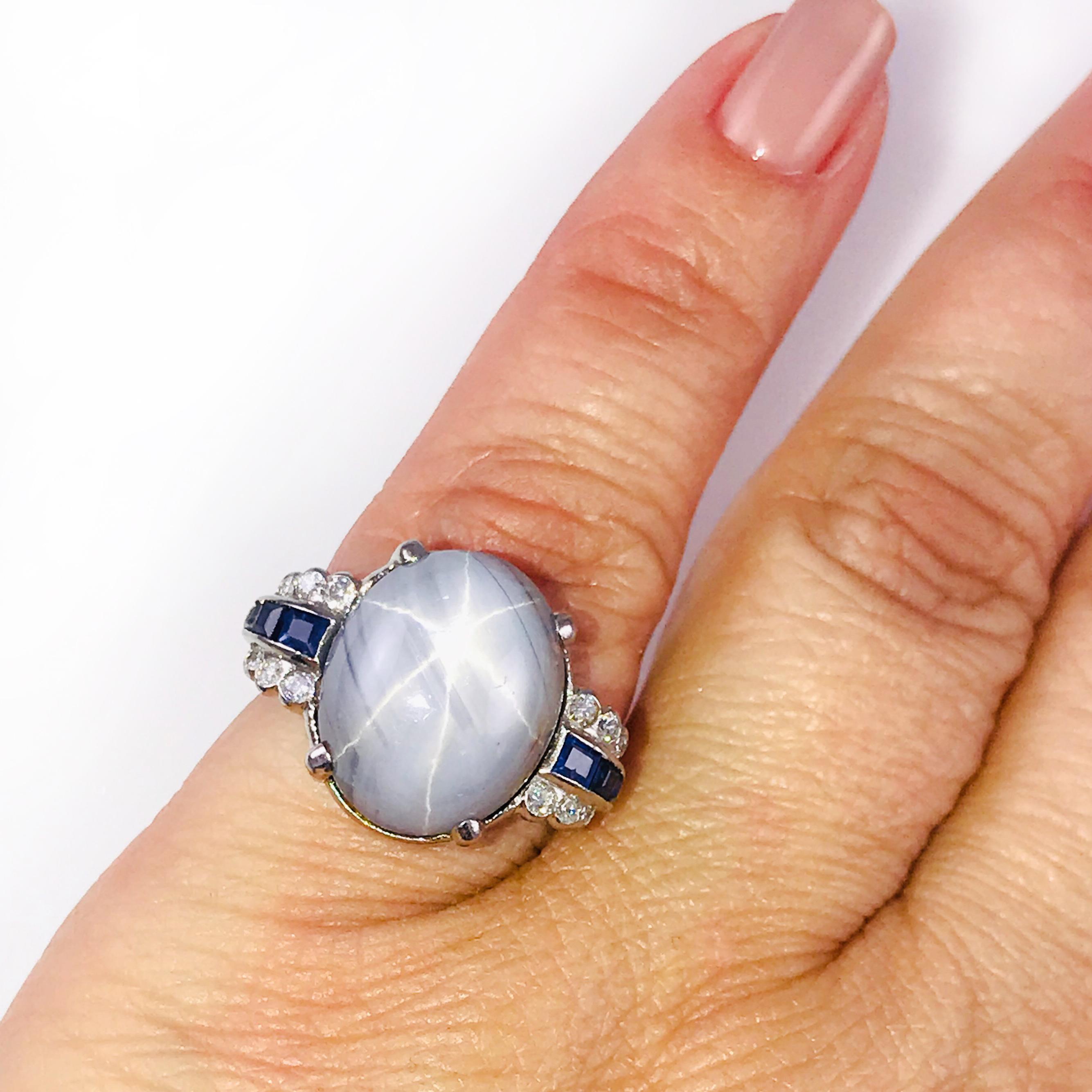 Art Deco Vintage Platinum Star Sapphire Diamond Ring For Sale
