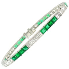 Vintage Platinum Tennis Line Bracelet with Diamond and Emerald, 1960s