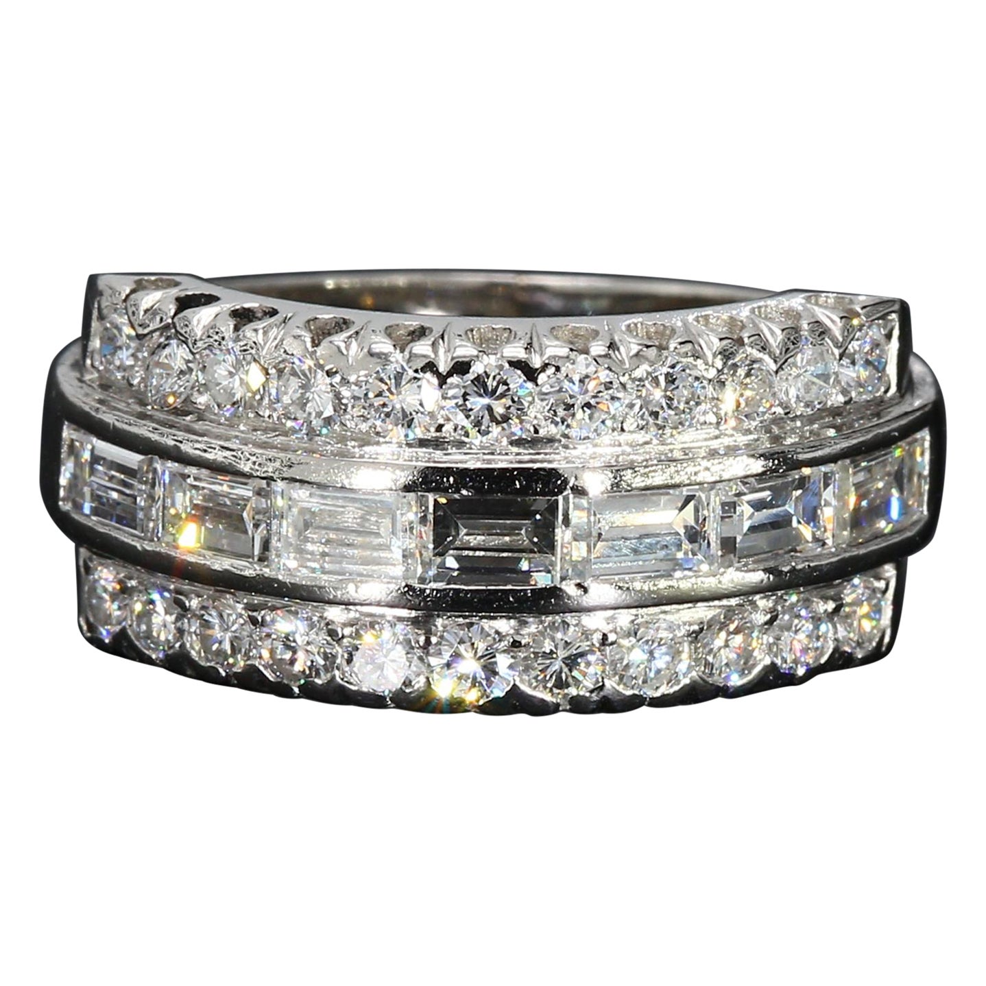 Vintage Platinum Three-Row Band with Round & Baguette Diamonds - Size 4.5