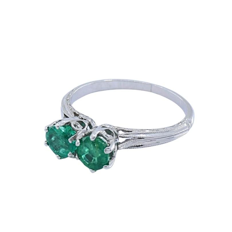 Vintage Platinum Toi et Moi Emerald Ring In Fair Condition For Sale In Beverly Hills, CA
