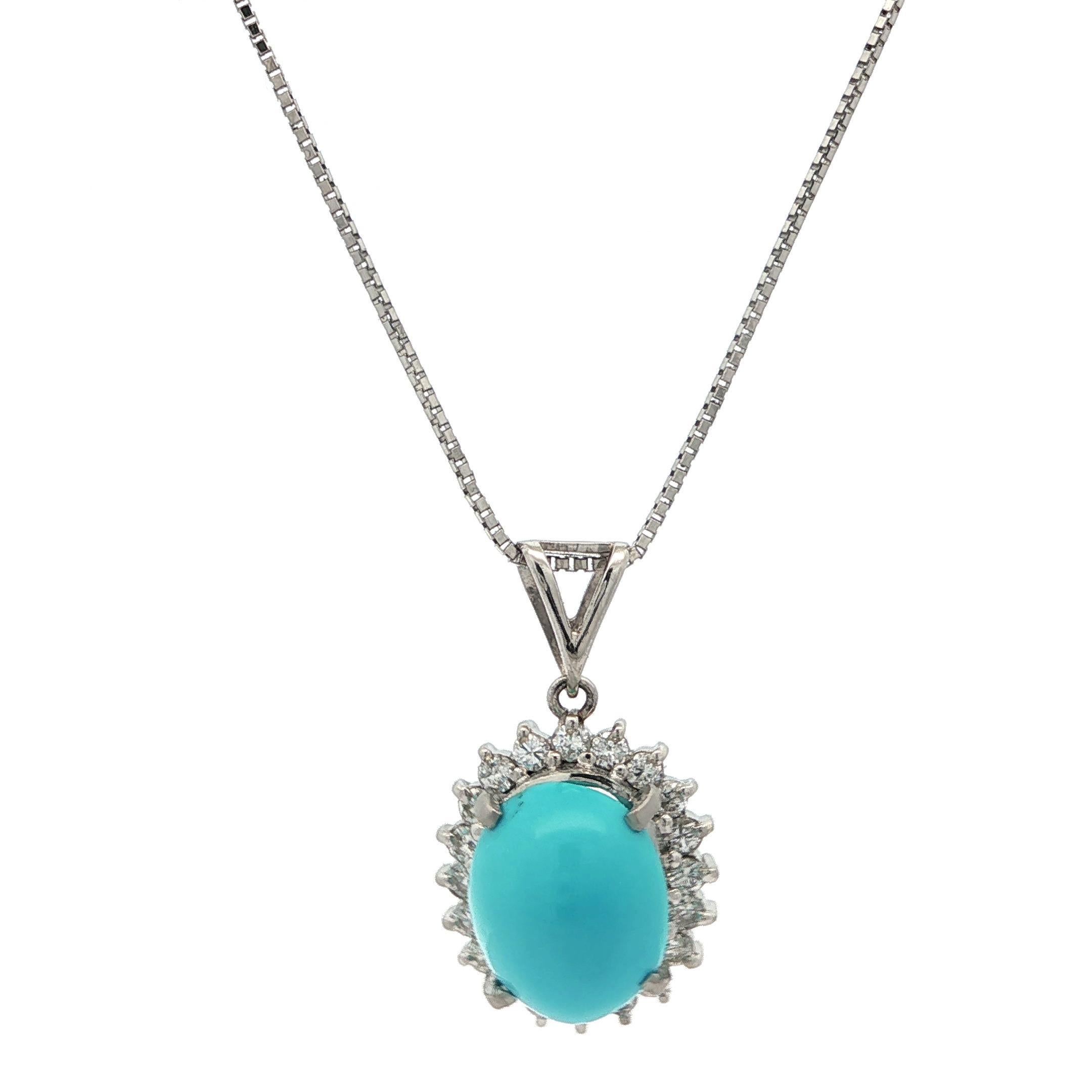 Vintage Platinum Turquoise Diamond Halo Pendant Collana a catena regolabile In condizioni ottime in vendita a Montclair, NJ