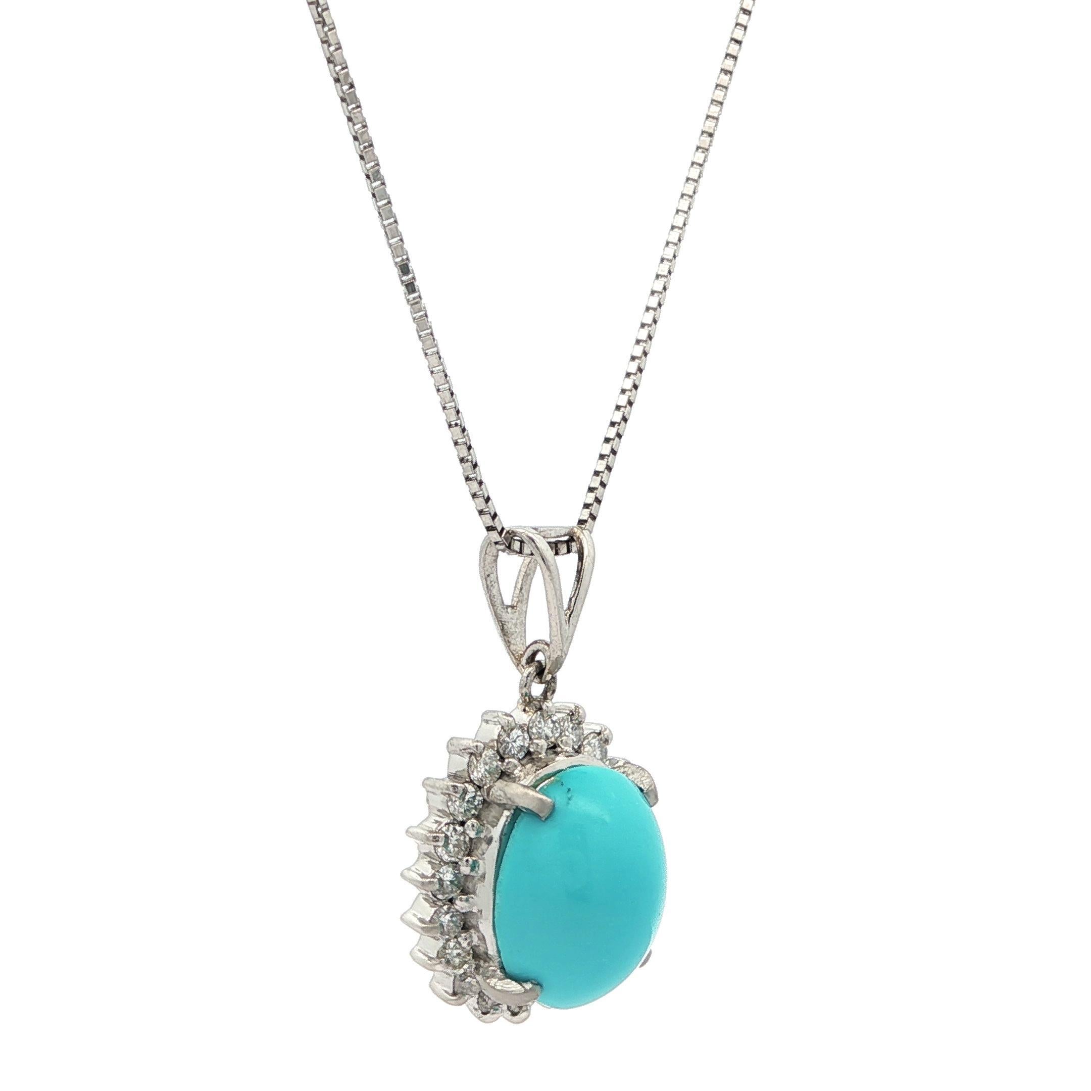 Donna Vintage Platinum Turquoise Diamond Halo Pendant Collana a catena regolabile in vendita
