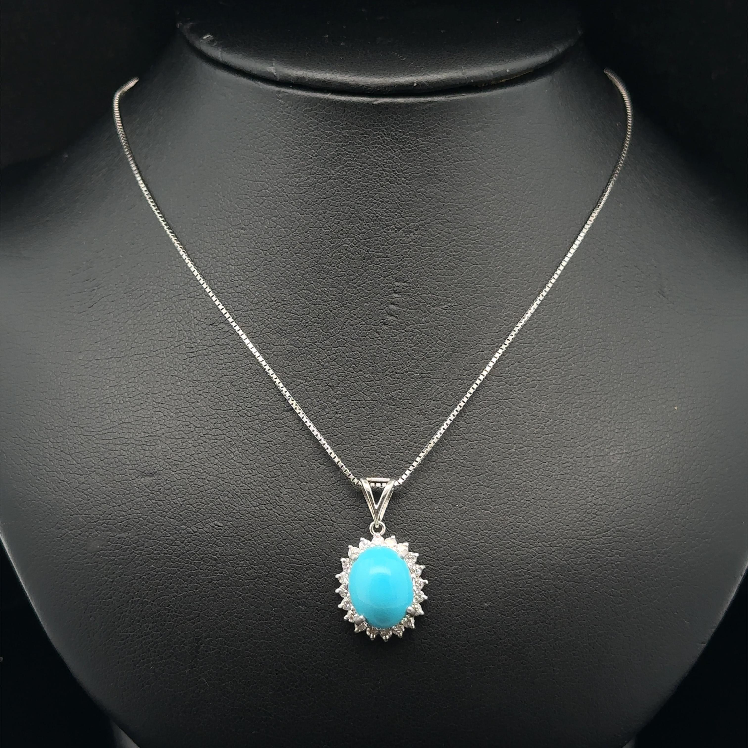 Vintage Platinum Turquoise Diamond Halo Pendant Collana a catena regolabile in vendita 2