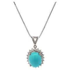 Vintage Platinum Turquoise Diamond Halo Pendant Collana a catena regolabile