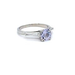 Vintage Platinum Unheated Light Lavender Sapphire Ring with Baguette Diamonds