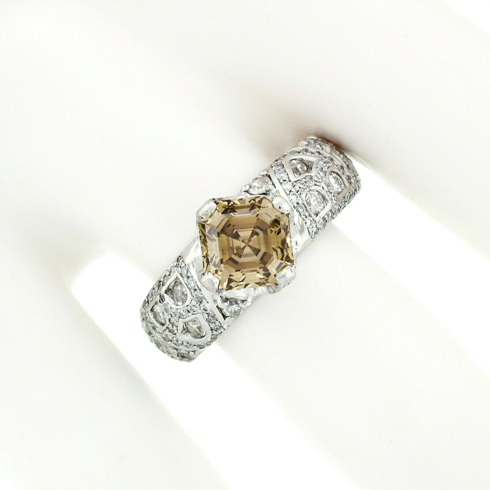 Vintage Platinum Unique 1.82ct GIA Brown Square Emerald Asscher Cut Diamond Ring In Good Condition In Montclair, NJ