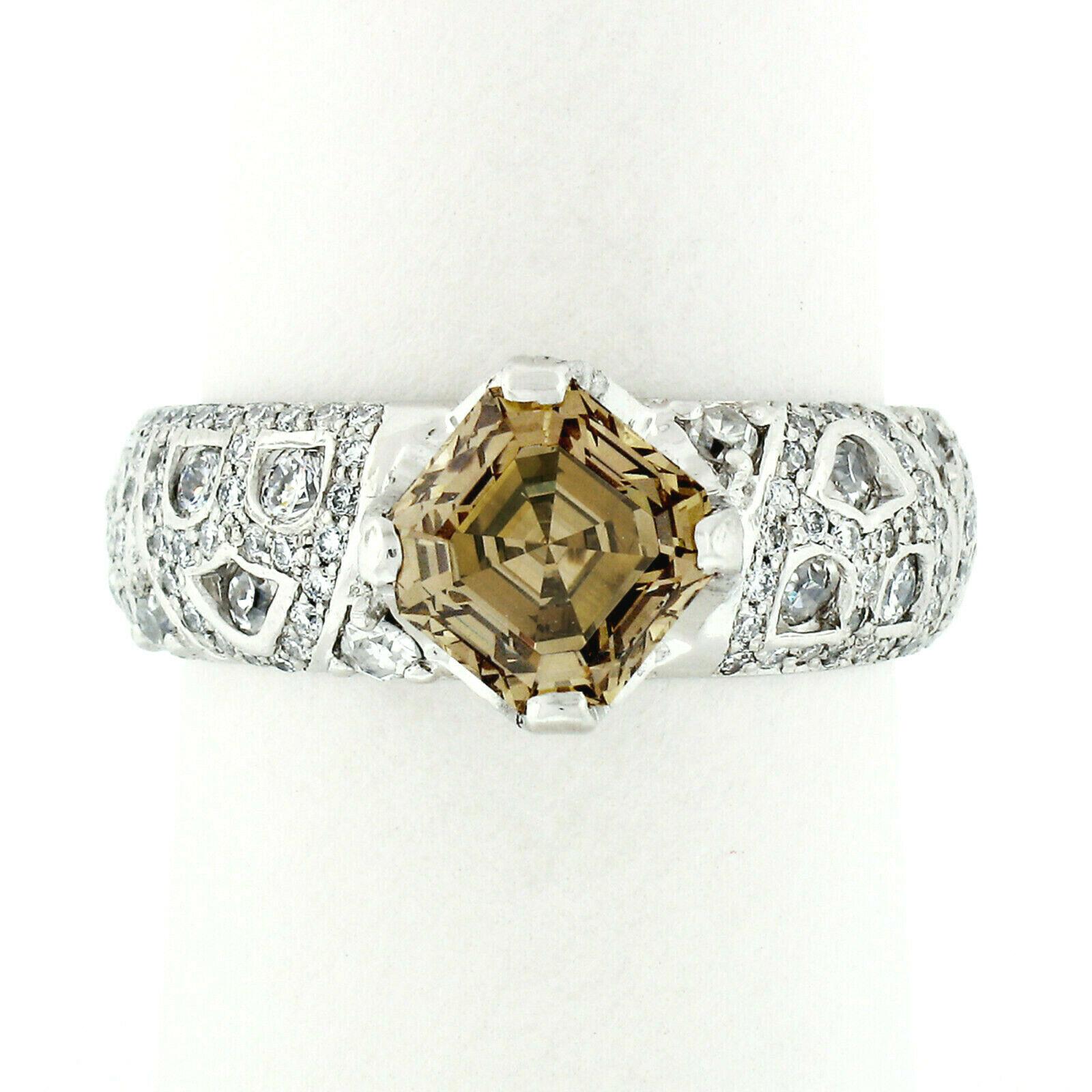 Women's Vintage Platinum Unique 1.82ct GIA Brown Square Emerald Asscher Cut Diamond Ring
