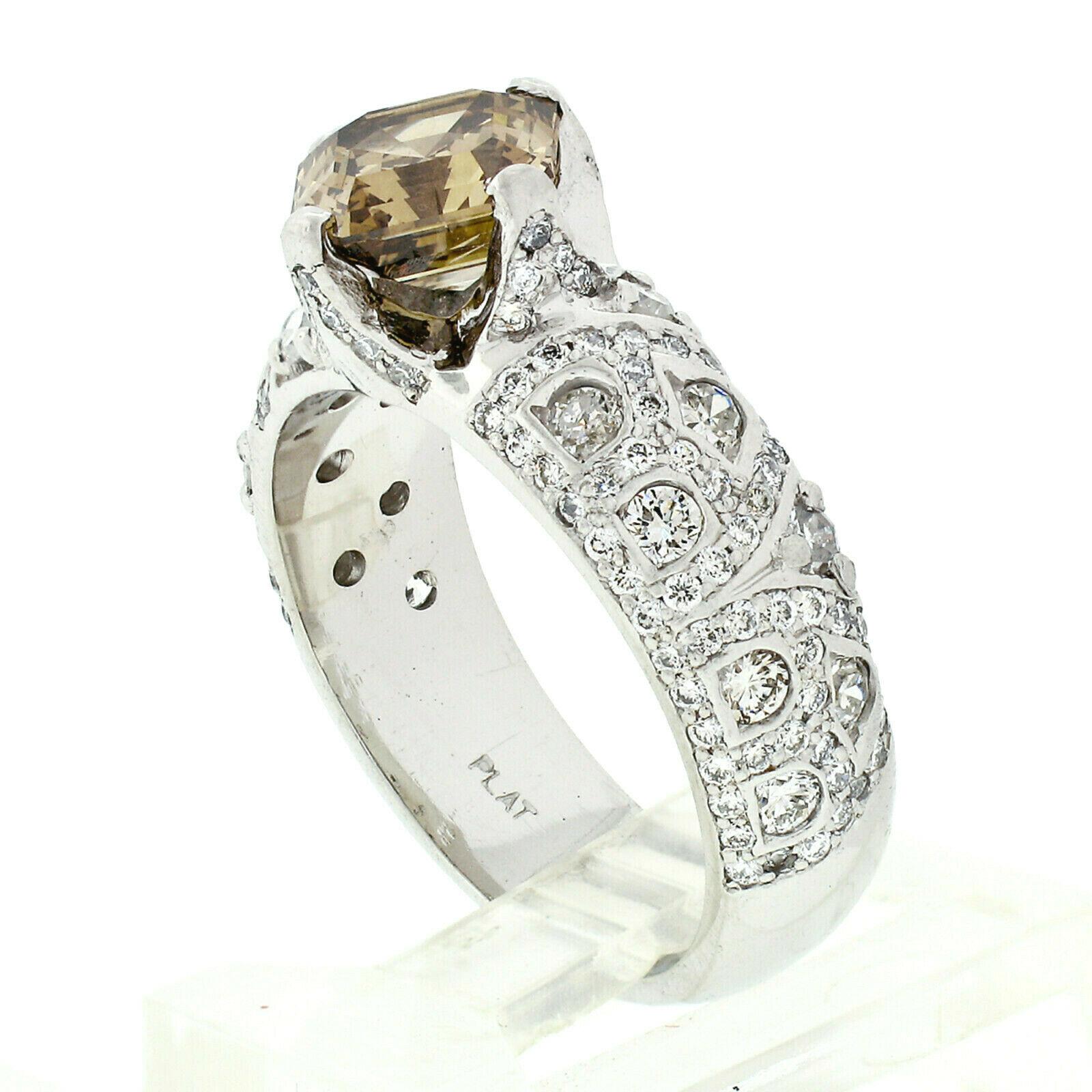 Vintage Platinum Unique 1.82ct GIA Brown Square Emerald Asscher Cut Diamond Ring 1