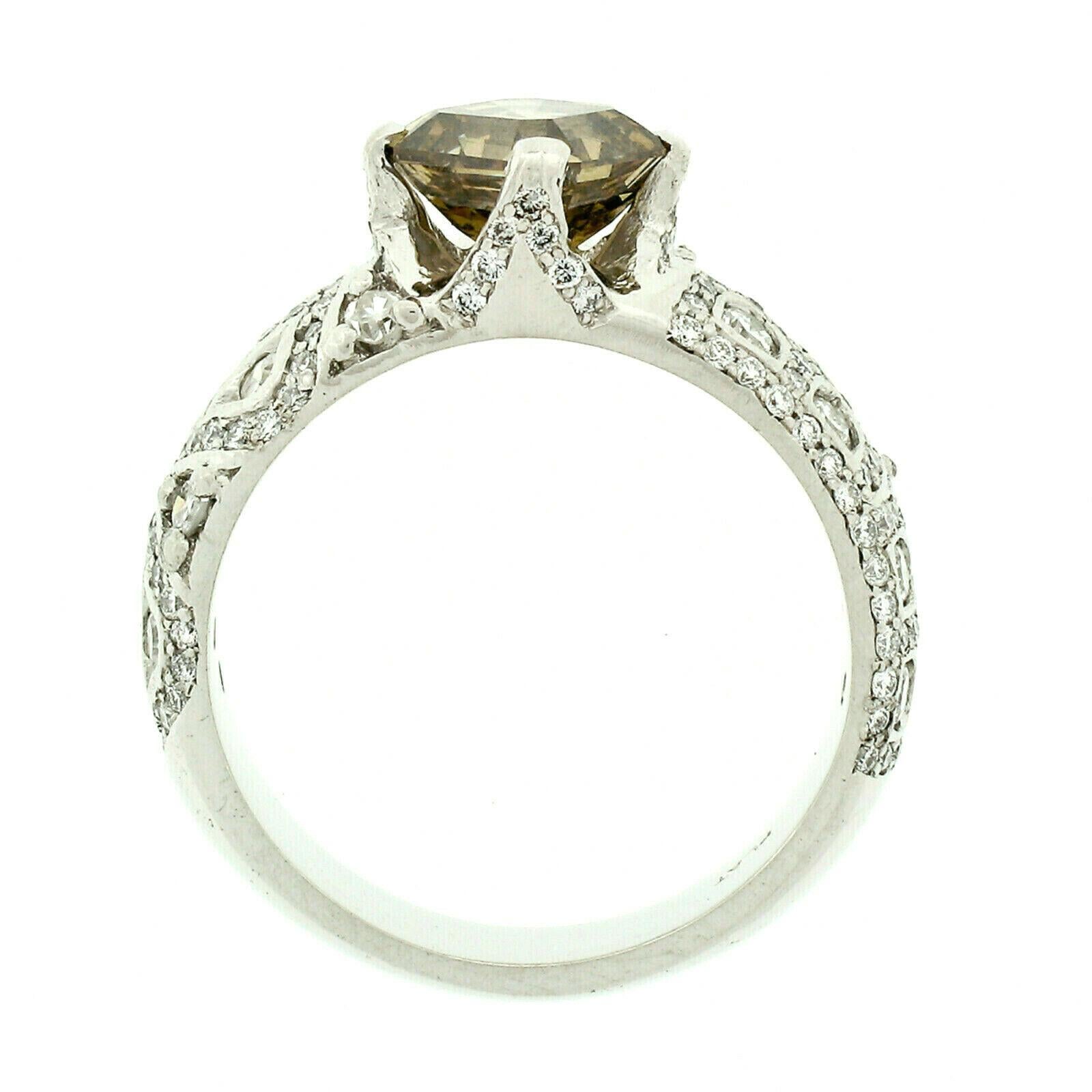 Vintage Platinum Unique 1.82ct GIA Brown Square Emerald Asscher Cut Diamond Ring 2