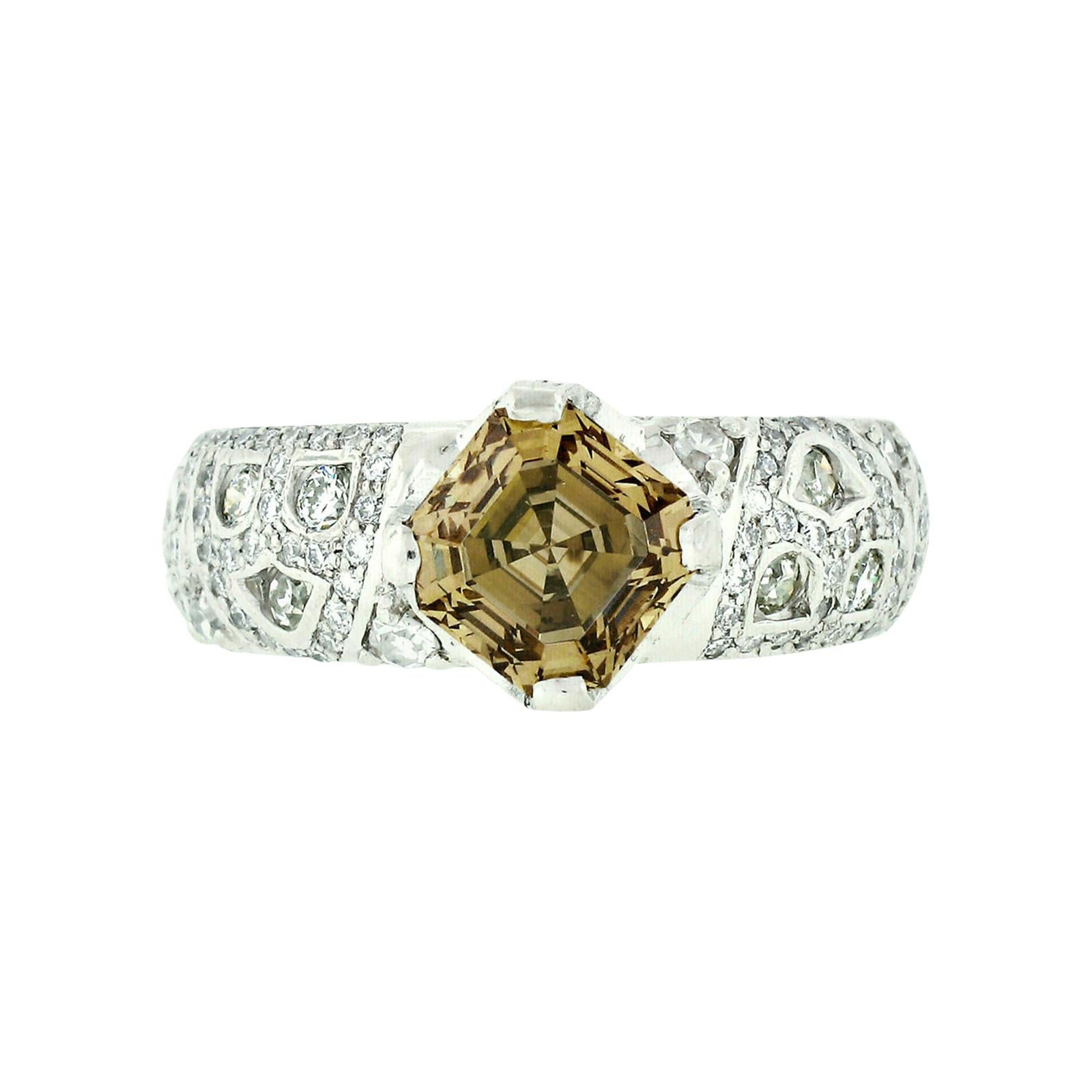 Vintage Platinum Unique 1.82ct GIA Brown Square Emerald Asscher Cut Diamond Ring