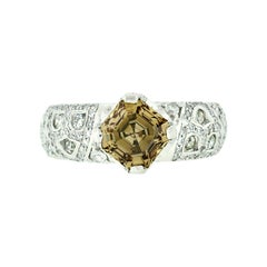 Retro Platinum Unique 1.82ct GIA Brown Square Emerald Asscher Cut Diamond Ring