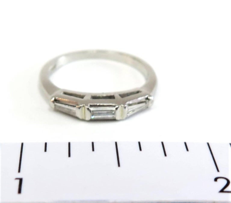 Vintage Platinum Wedding Band with Three Baguettes, 1940s at 1stDibs