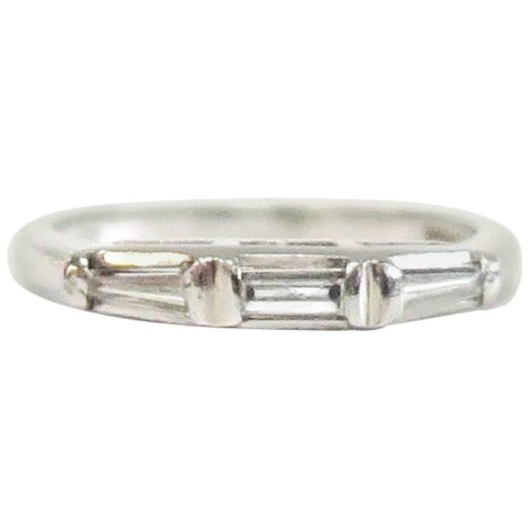 Vintage Platinum Wedding Band with Three Baguettes, 1940s
