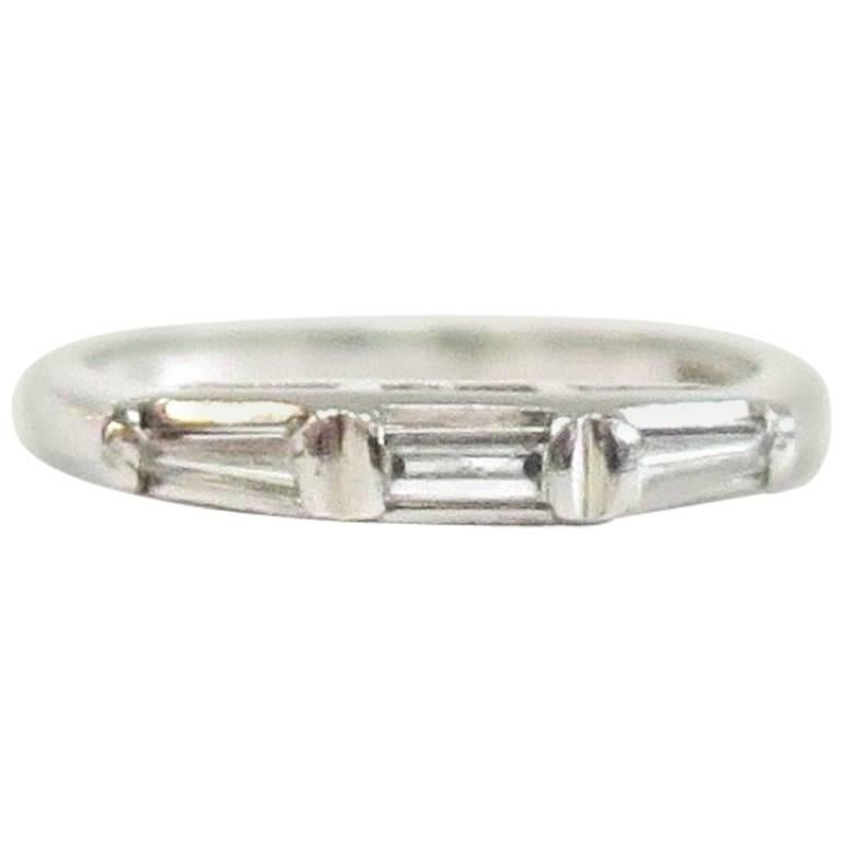 Vintage Platinum Wedding Band with Three Baguettes, 1940s at 1stDibs